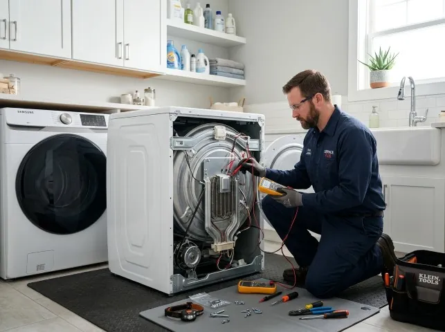 Appliance Repair Hero technician checking a dryer heating element with the rear panel off in Athens, GA