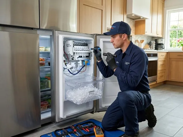 Appliance Repair Hero technician repairing a refrigerator ice maker in Athens, GA