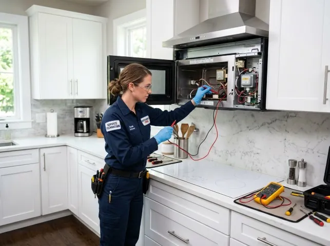 Appliance Repair Hero technician testing an over-the-range microwave in a Athens, GA kitchen