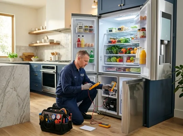 Appliance Repair Hero refrigerator technician testing a fridge on a Athens, GA service call
