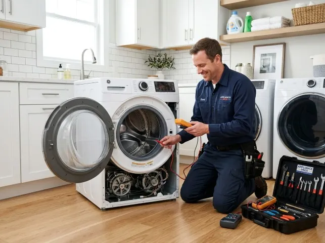 Appliance Repair Hero technician testing a front-load washer with a multimeter on a Athens, GA service call